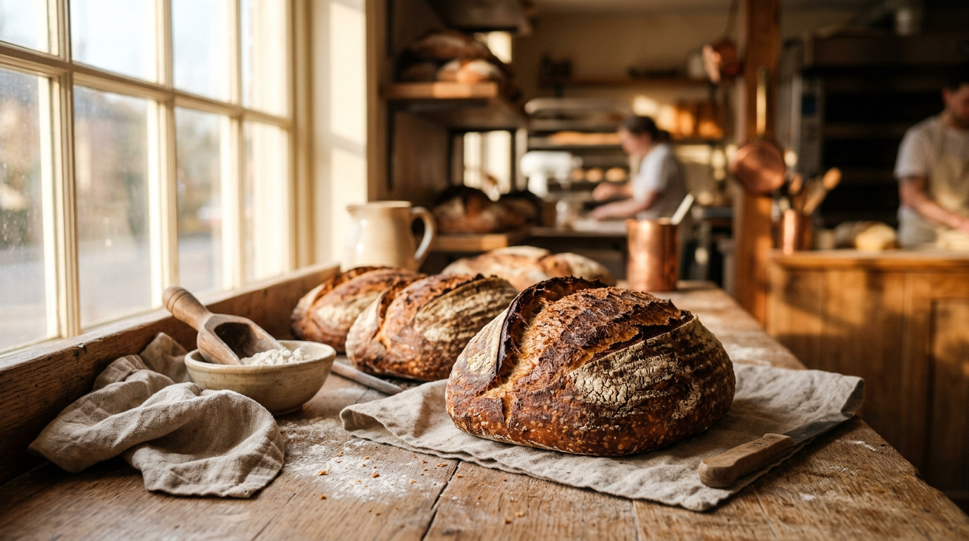 Generated hero photo of fresh sourdough bread loaves on a wooden counter in warm morning light