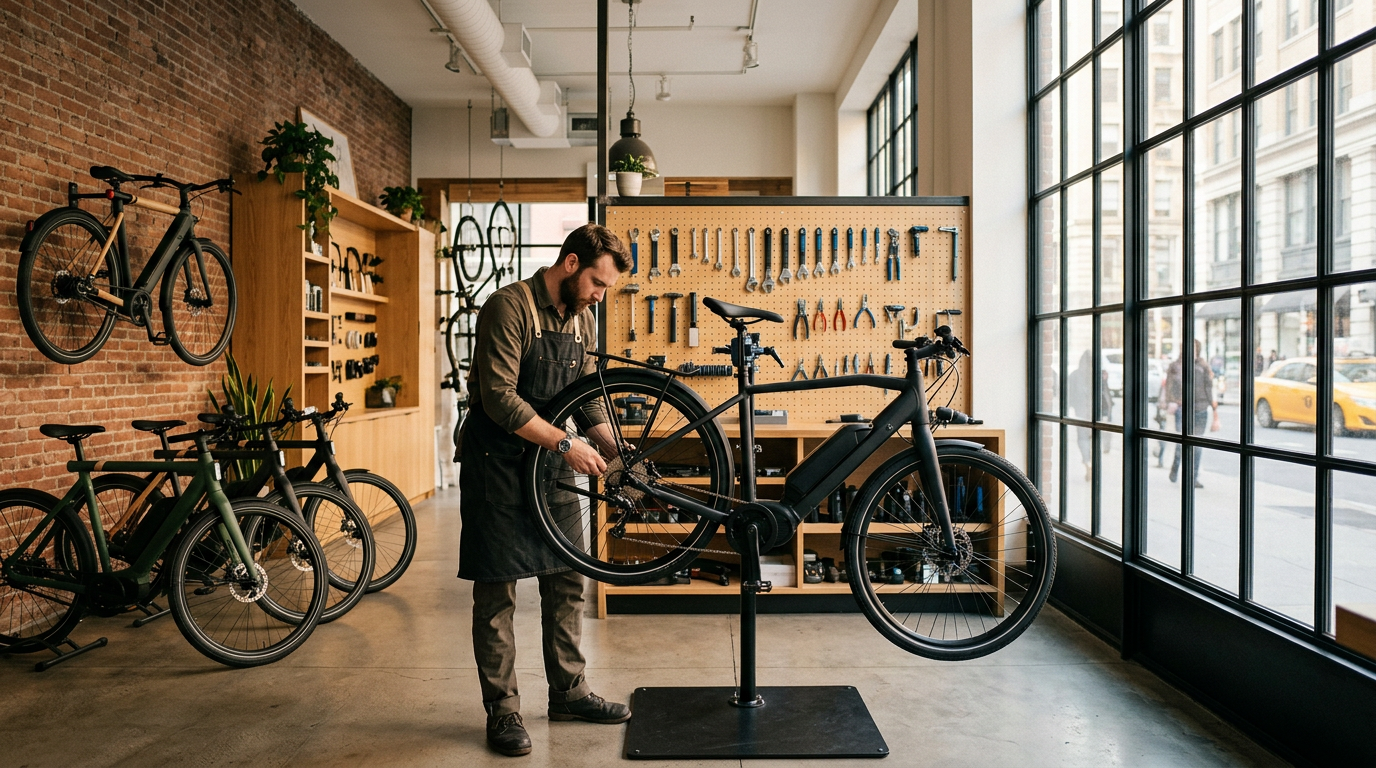 Generated hero photo for a Manhattan bike repair shop, showing a mechanic servicing an e-bike in a bright modern shop